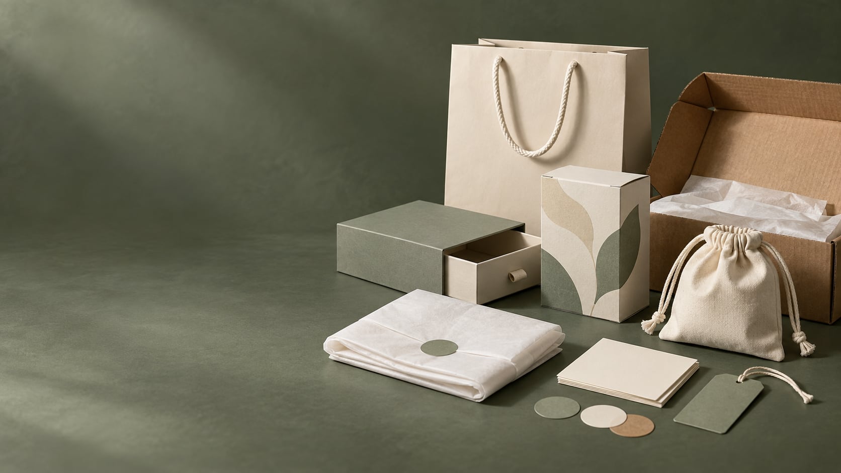Concept range of boxes, paper bags, fabric pouches, cards, tissue and ecommerce packaging