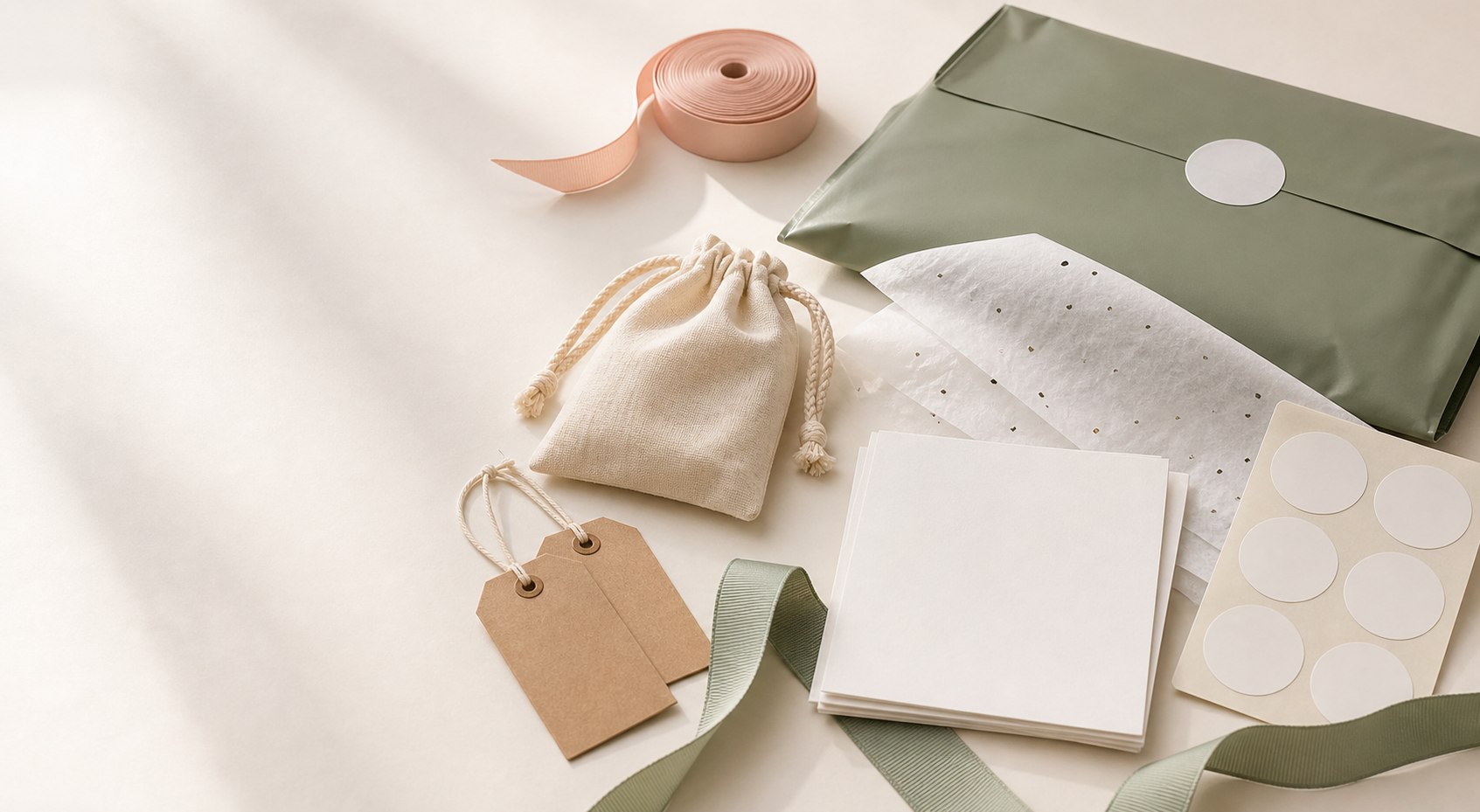 Custom packaging components including a pouch, cards, labels, tissue paper, ribbon, mailers and boxes
